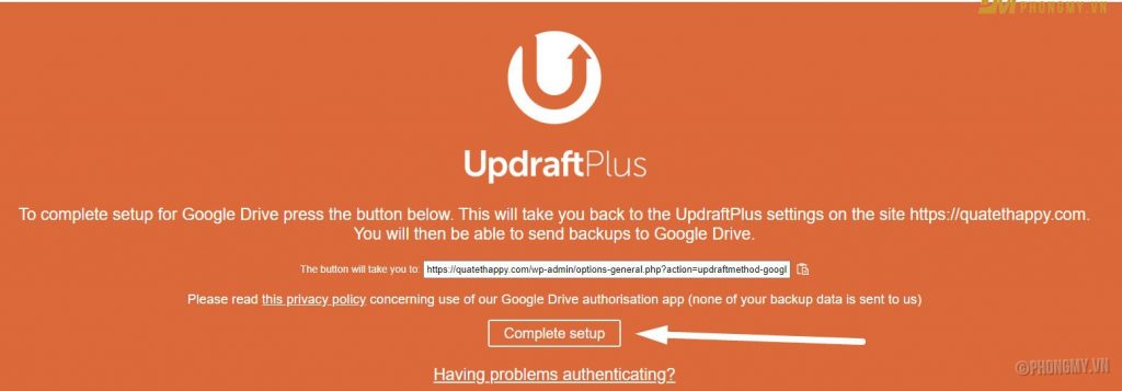 Cài đặt cấu hình google drive cho Updraftplus