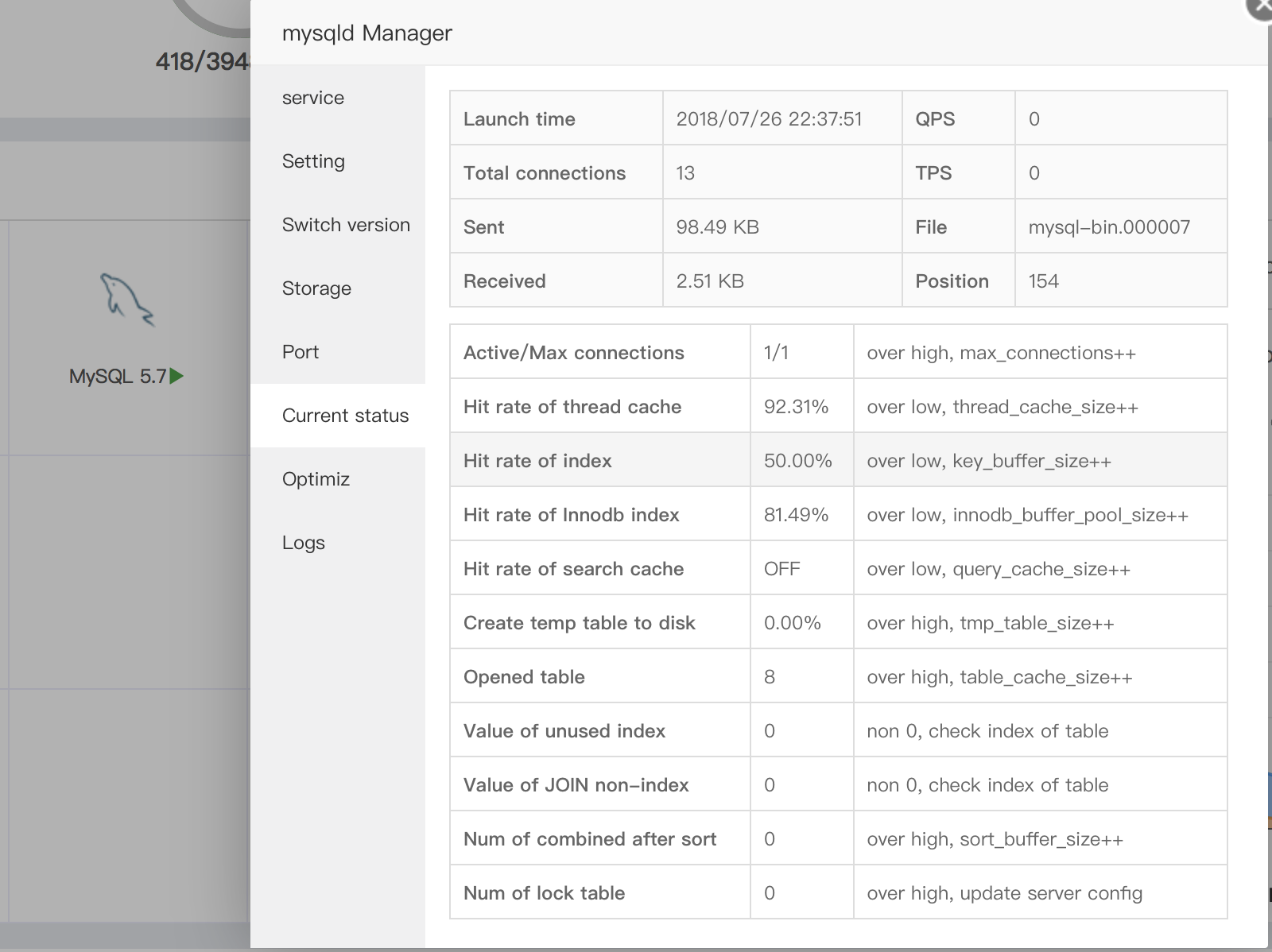 aapanel mysql current status