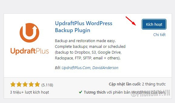 kích hoạt plugin cài đặt plugins UpdraftPlus