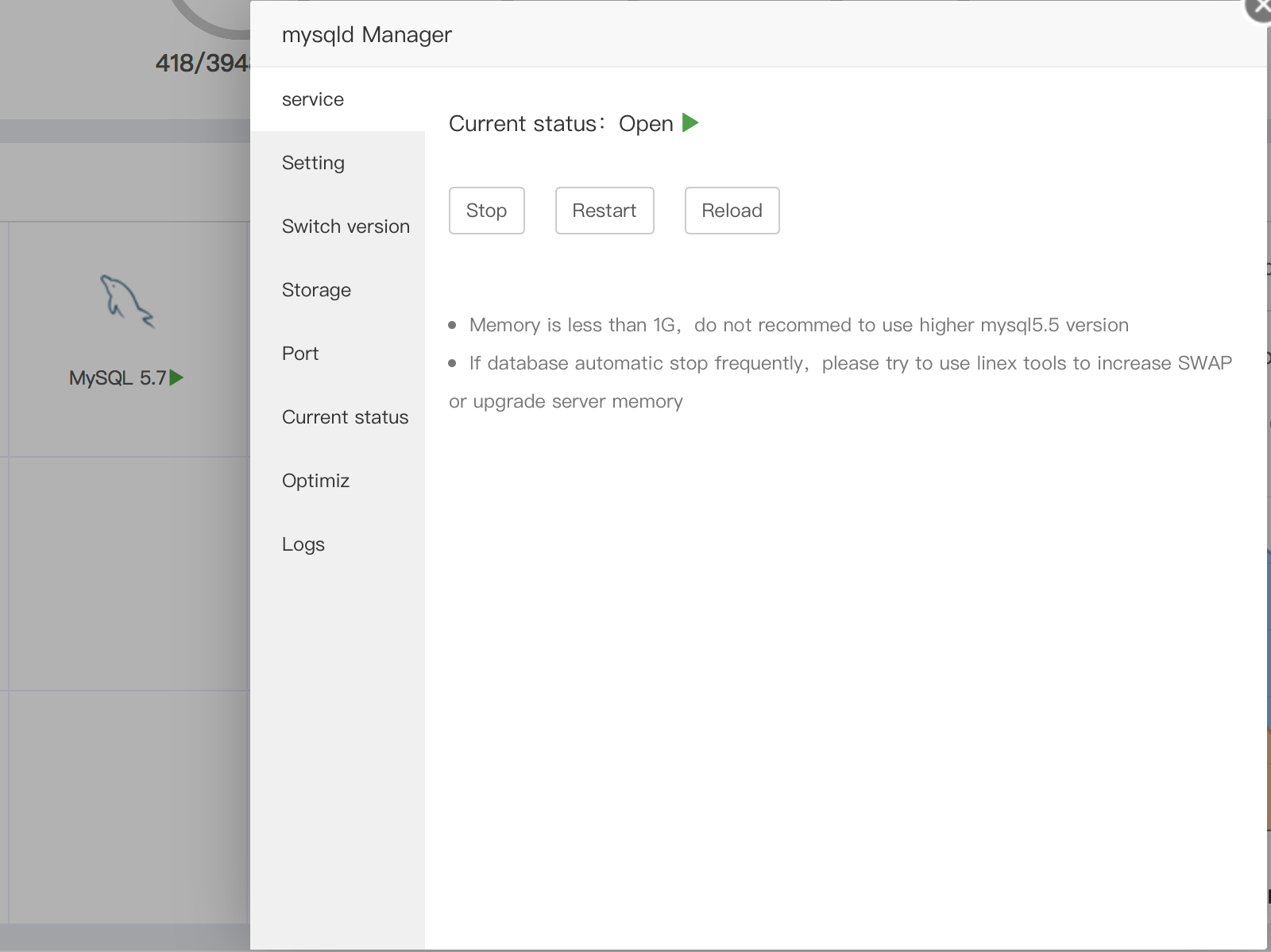 service control, setting, switch version