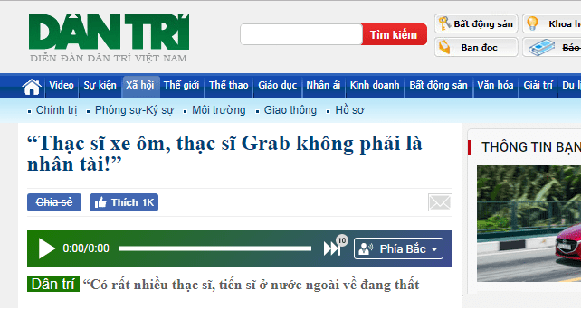 Báo Dân Trí sử dụng tính năng Text To Speech